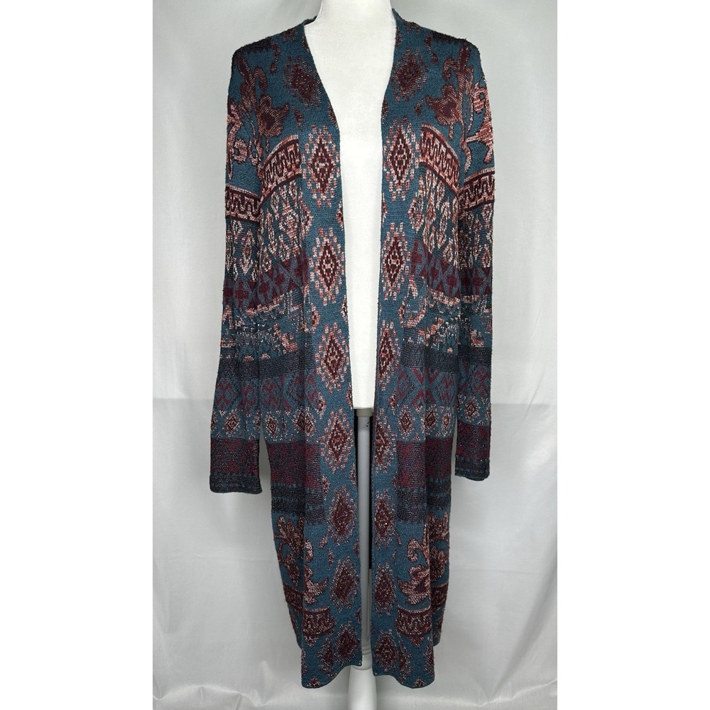 Chico's Open Front Tapestry Jacquard Knit Duster Cardigan Sweater Aztec Sz 2